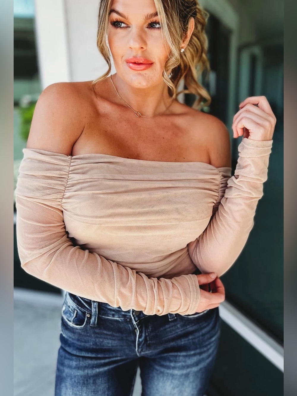 NWT! Nude Mesh Off the Shoulder Rushed bodysuit L